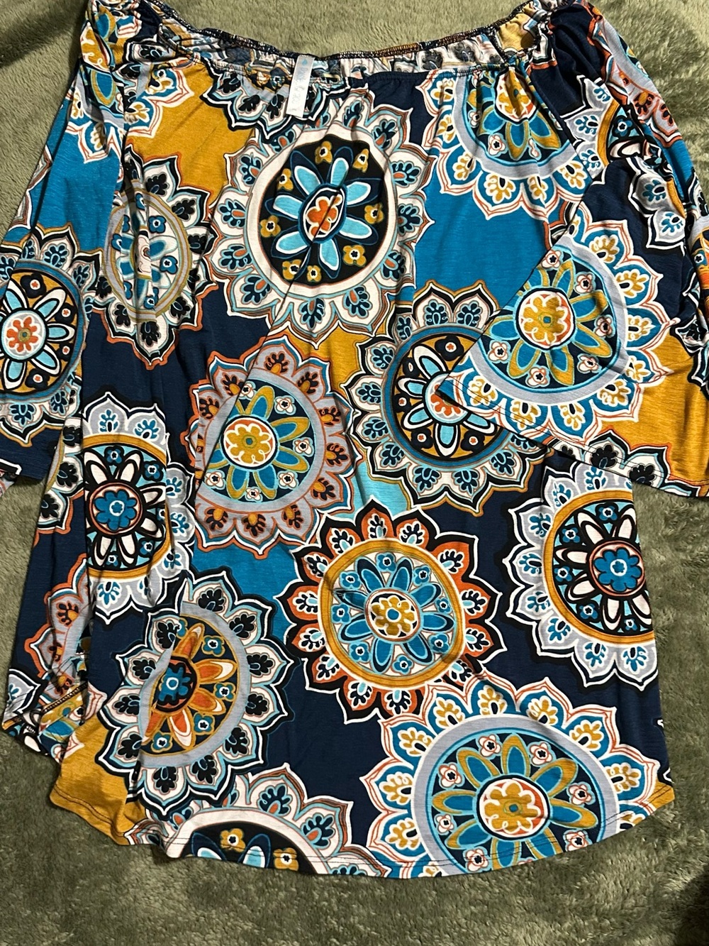 Paisley Grace Women’s Off-Shoulder Medallion Print Tunic in Teal & Mustard